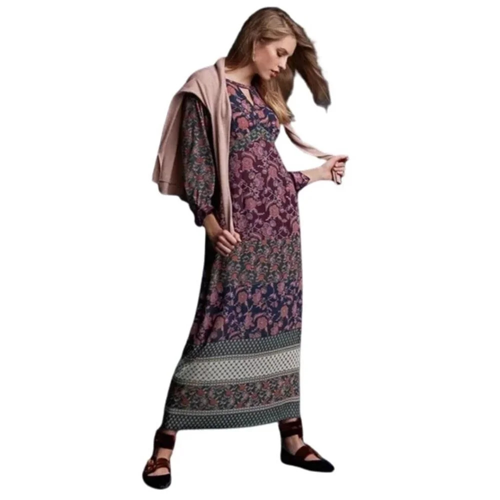 CAbi Festive Maxi Dress Retro Floral Paisley Print Blue Burgundy Size Medium NEW